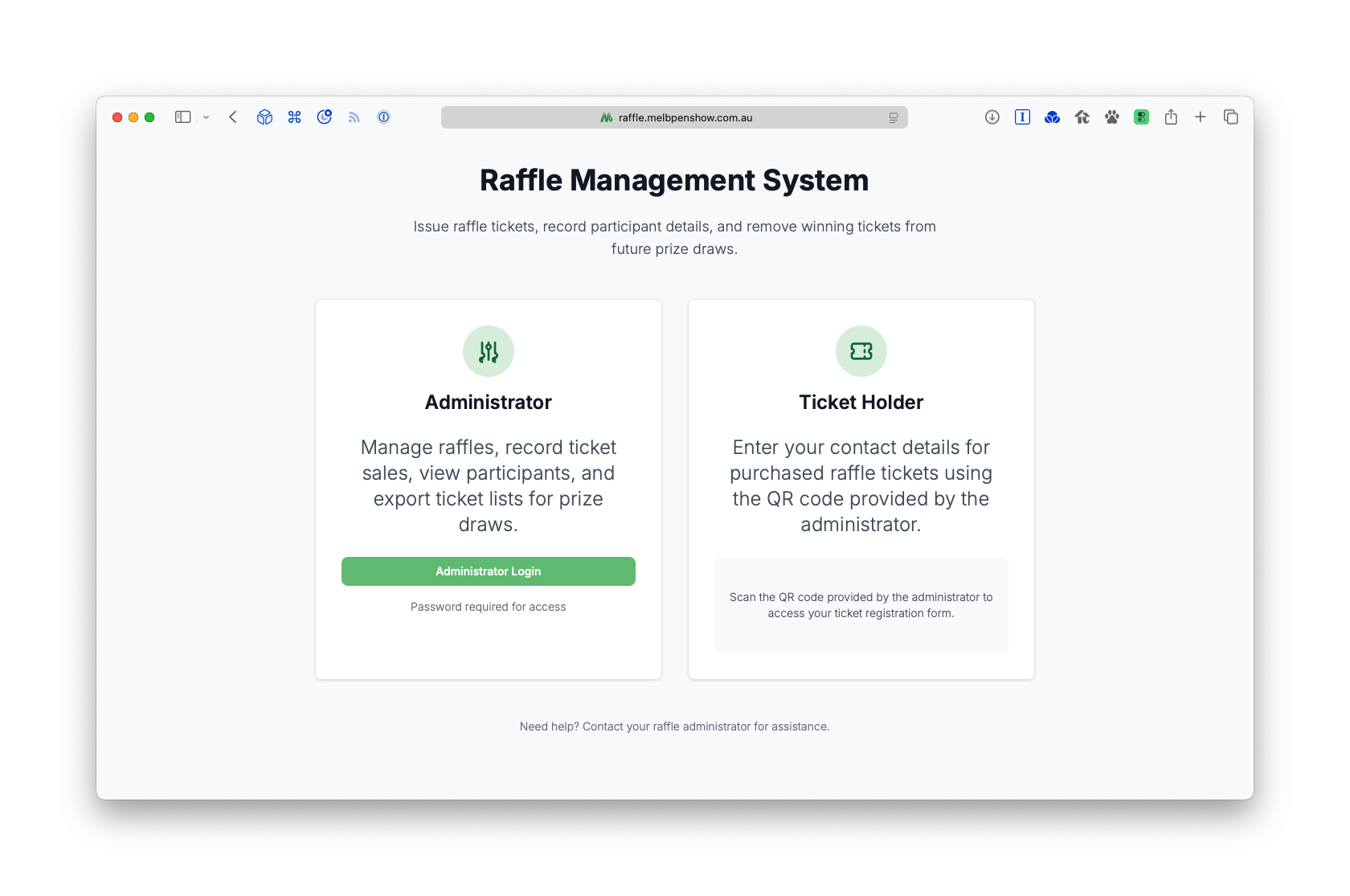 Screenshot of a web app, “Raffle Management System”, showing “Administrator” and “Ticket Holder” welcome messages